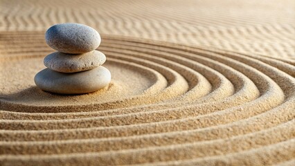 Serene zen garden with balanced pebbles on raked sand promoting calmness and mindfulness, Zen, garden, pebbles, balanced