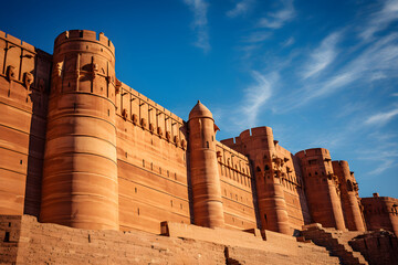 The Impressive Fortress: An Awe-inspiring View of a Timeless Citadel against a Blue Sky