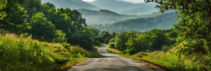 Countryside asphalt road surrounded by green foliage and rolling mountains