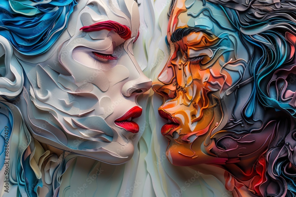 Aufkleber surreal abstract portrait of two faces merging in colorful textures vibrant hues dynamic and imagina