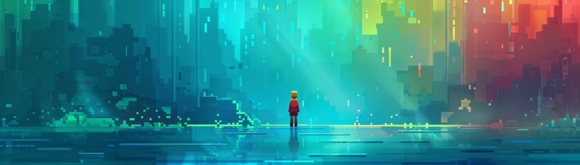 Colorful 2D Fantasy Landscape with Glitch Effects for Mockups and Backgrounds.