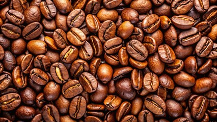 Fototapeta premium Close-up of freshly roasted coffee beans, coffee, beans, roasted, close-up, texture, brown, caffeine, aroma, drink, morning