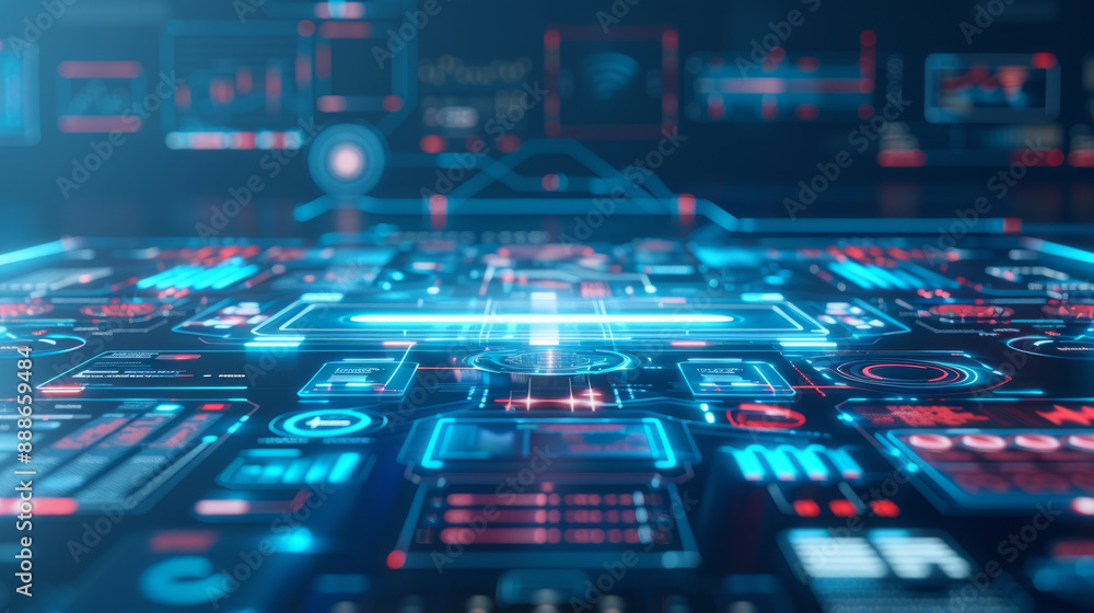 Poster futuristic corporate technology background with abstract holographic elements and digital interface.