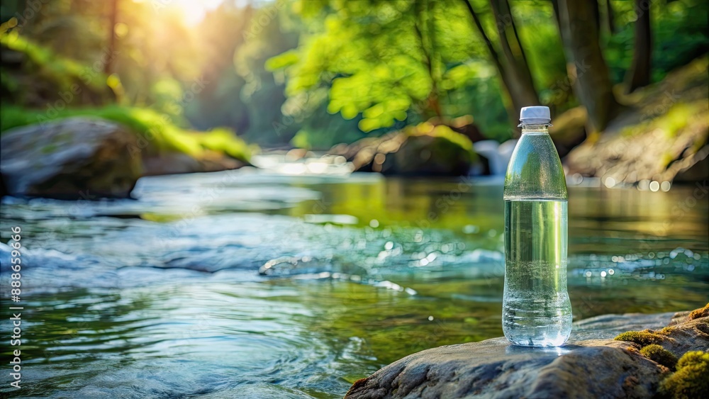 Sticker Bottle of spring water sitting next to a serene river, water, bottle, spring, nature, hydration, clear