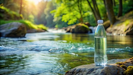 Bottle of spring water sitting next to a serene river, water, bottle, spring, nature, hydration, clear