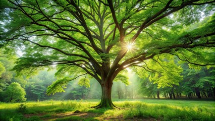 Obraz premium Lush green tree in a forest setting, nature, environment, foliage, leaves, eco-friendly, growth, branches, woodland