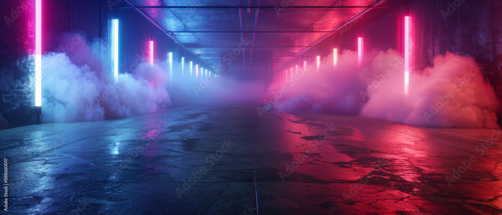 Poster mysterious light and smoke on dark concrete floor in an empty urban setting with neon lights and fog
