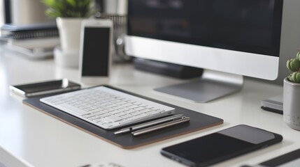 Organized desk with a computer, phone, notebook, and pen, creating a clean and professional workspace