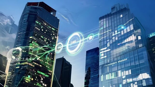 Through the use of holograms the financial district skyline becomes a canvas for showcasing the complex interconnections of global finance.
