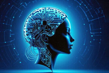Obraz premium Cyborg head in profile, electronic brain and artificial intelligence, on blue background with copy space