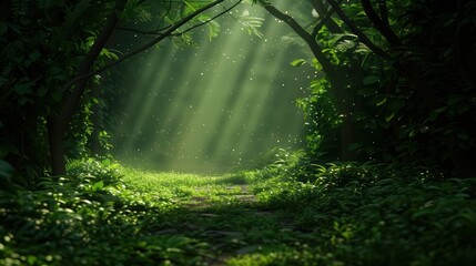 Obraz premium Sunlight Filtering Through Lush Green Forest Canopy with Pathway and Sparkling Particles