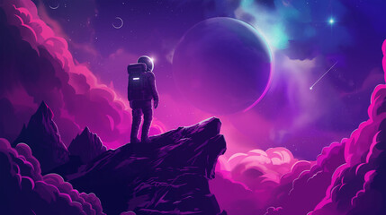 Fototapeta premium Game space planet with neon color and galaxy background, Illustration