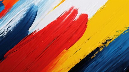 Vibrant Abstract Brush Strokes in Bold Colors of Red, Blue, Yellow, and White on Canvas