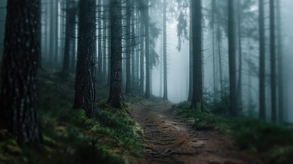 Fototapeta premium Mysterious Foggy Forest Path with Tall Trees and Mossy Ground in Early Morning Light
