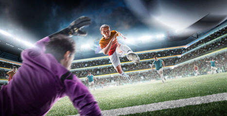 Soccer. Sport. A soccer player plays an action game in a professional stadium. Soccer players in...