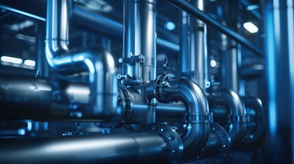 Fototapeta premium Industrial Pipeline System with Shiny Metal Pipes and Valves in a Modern Factory Setting