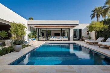 Fototapeta premium Modern home with swimming pool and lush greenery