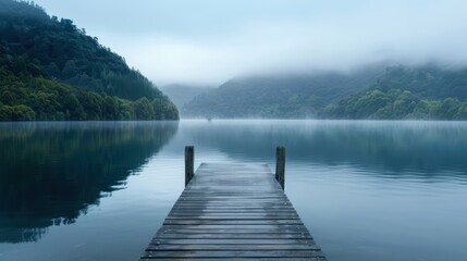 Serene Wooden Pier Overlooking Misty Lake with Lush Green Hills in the Background