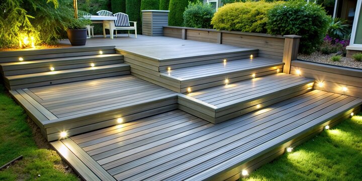 Composite decking in ash grey with three levels deck lights, perfect for a landscape gardener
