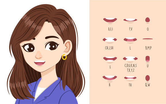 beautiful woman character with lip sync collection for animation. female mouth animation phoneme graphic. Alphabet pronunciation. Vector illustration