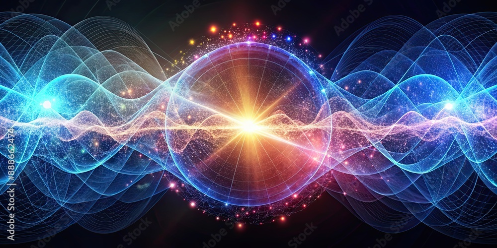 Wall mural abstract representation of quantum particle field with shifting light waves, quantum, particle, fiel
