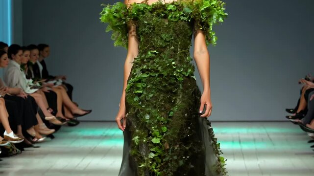 Model showcases dress made entirely of living plants on runway. Green leaves and foliage form intricate bodice and skirt. Innovative blend of nature and high fashion. 