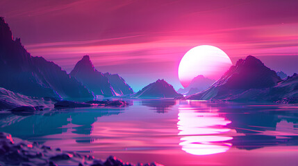 abstract wallpaper showcasing a fantastical neon landscape with reflections