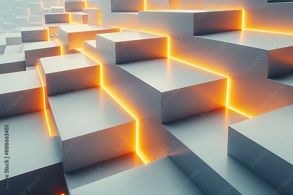 Poster futuristic abstract composition with glowing cubes and warm light dynamic and imaginative design mod