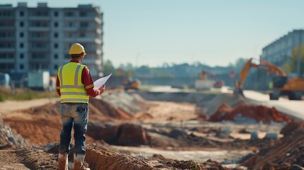 Civil engineer inspecting road construction site, Management in the construction site. Infrastructure development.