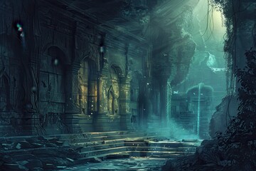 Ancient temple ruins overgrown by jungle vegetation