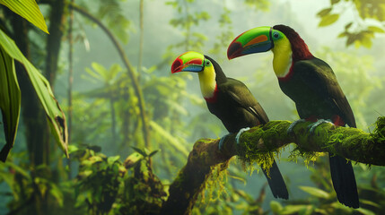 Obraz premium Two Keel-billed Toucans on forest branch in Costa Rica, realistic nature travel scene