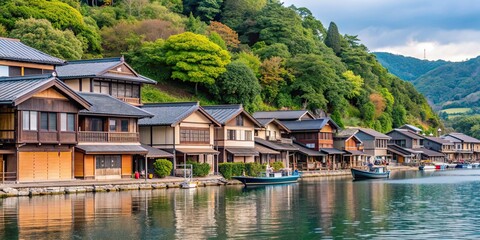 Fototapeta premium Beautiful view of Japanese Isatsu Riverside Houses with Boats isolated by mountain and sky as background in Maizuru