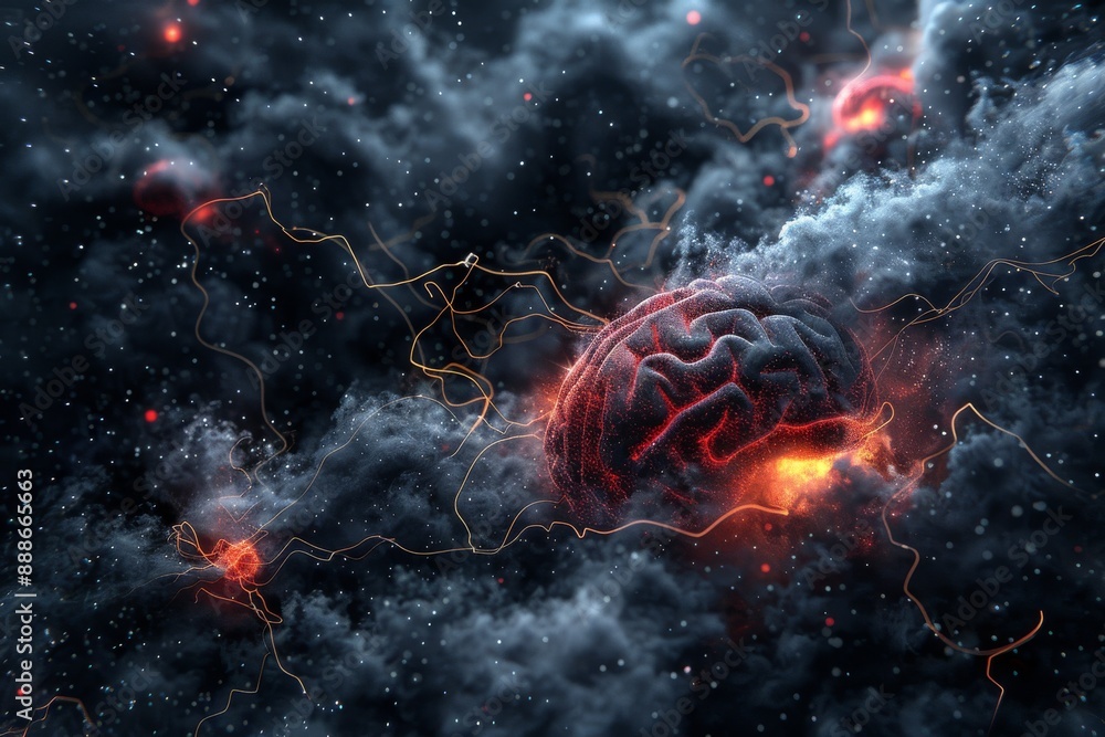 Aufkleber futuristic abstract composition with glowing brain and neural connections vibrant colors dynamic lig