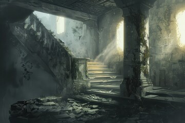 Ancient temple ruins overgrown with vines and bathed in sunlight