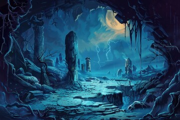 Mystical moonlight illuminates eerie ancient ruins in a longforgotten realm