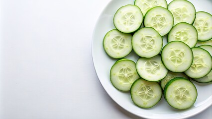 Cucumber slices arranged neatly on a white plate, fresh, healthy, snack, vegetable, green, organic, nutrition, refreshment