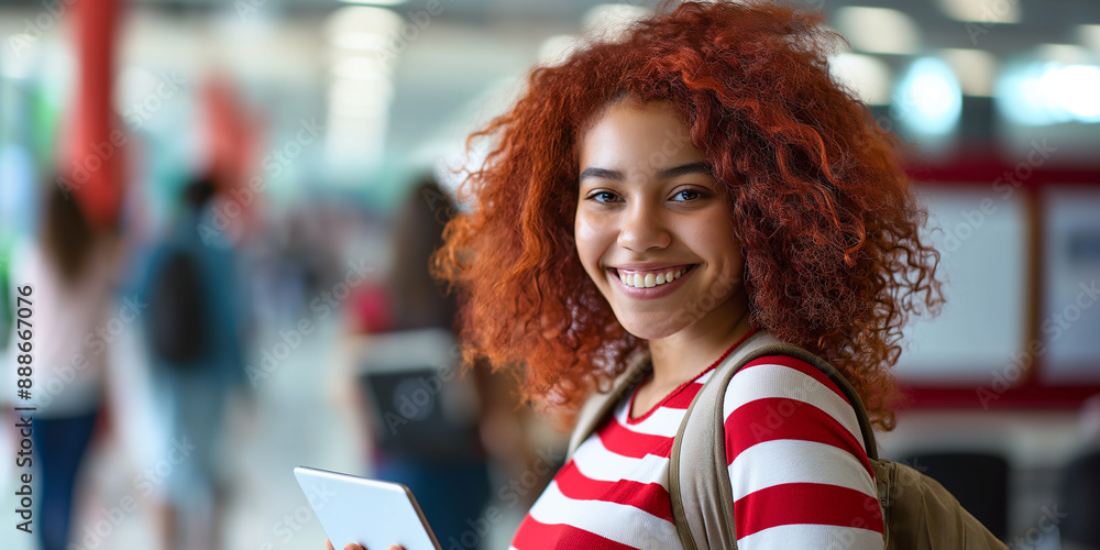 Poster Smiling university student holding tablet computer with backpack