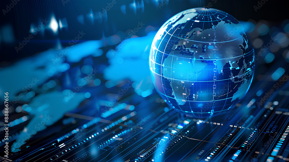 Poster blue hologram globe with world map with glowing data streams, ai global communication networks, virt
