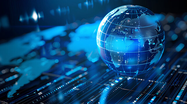 blue hologram globe with world map with glowing data streams, ai global communication networks, virtual reality simulations, geospatial data visualization, and interactive educational experience