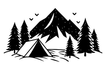 Obraz premium Mountain landscape camping in nature, sketch style, vector illustrations. 