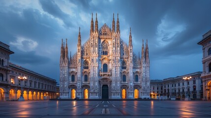 Fototapeta premium A grand, historic cathedral with towering spires and intricate stained glass windows, illuminated by the soft glow of evening light.