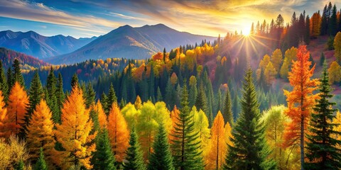 Beautiful picture of pine trees in sunlight against a colorful fall backdrop in the mountains, nature, autumn, landscape, trees