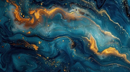 Fototapeta premium Mesmerizing abstract art featuring swirling patterns of blue and gold, resembling a cosmic or underwater scene with fluid dynamics. 