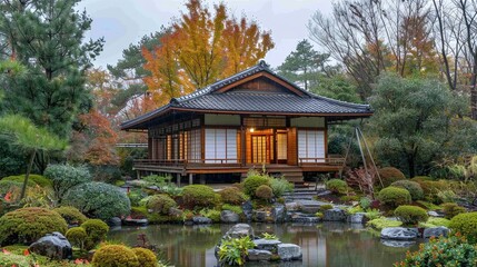 Obraz premium A peaceful Japanese garden with a traditional wooden tea house, seamlessly blending natural beauty and architectural elegance.