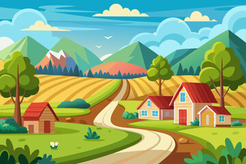 Fototapeta premium Explore Stunning Rural Landscapes: Beautiful Summer Countryside Illustrations & Scenic Artwork