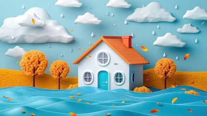 Whimsical illustration of a house surrounded by autumn trees, with a flood of water and raindrops. Sunny sky with fluffy clouds.