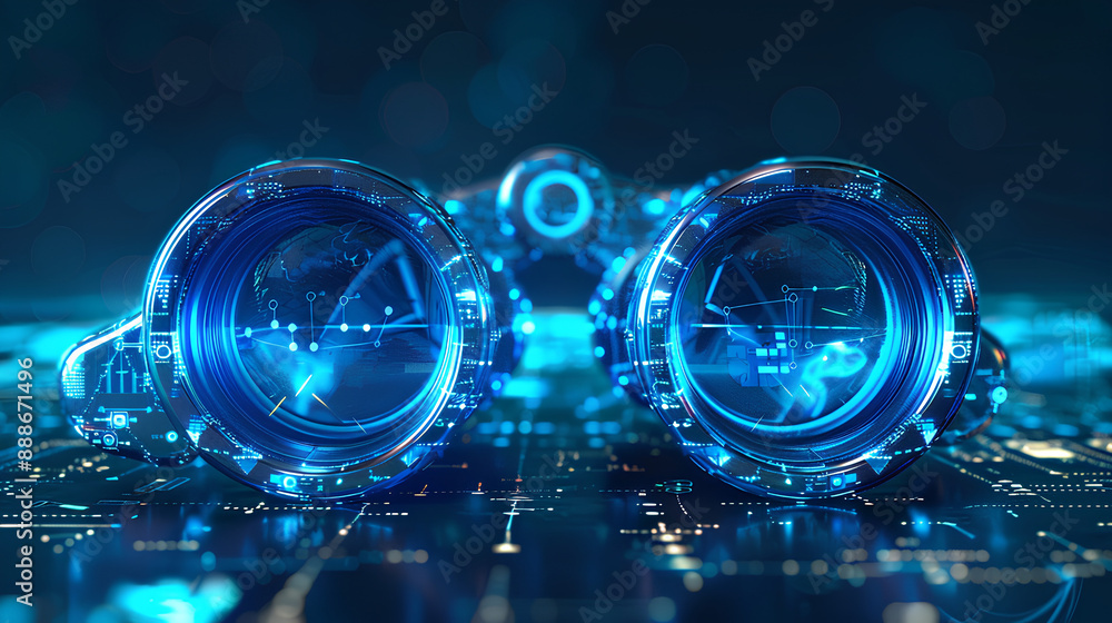 Poster digital blue binocular with data streams, ai in visual recognition systems, augmented reality applic