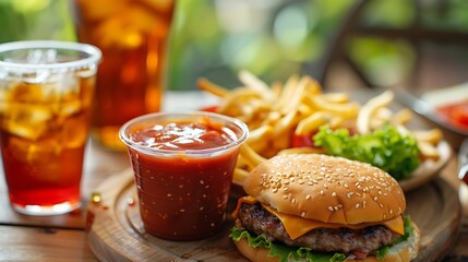 A cup of ketchup a cup of drinks and a platter of food in the wooden plate © AI Stock House