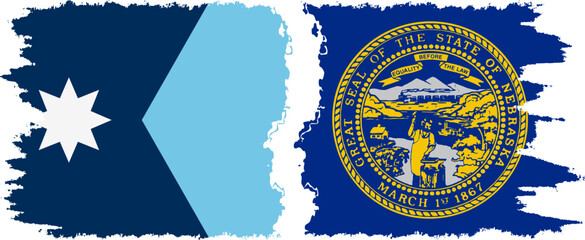 Nebraska and Minnesota states grunge brush flags connection, vector