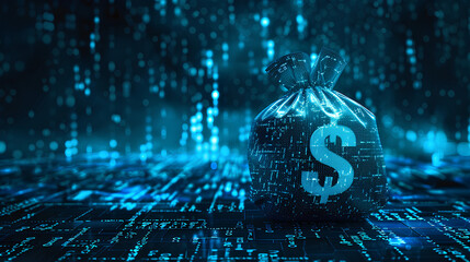 digital blue moneybag with a dollar $ icon with binary code, ai financial transactions, fraud detection algorithms, portfolio management, and personalized financial planning services. money bag